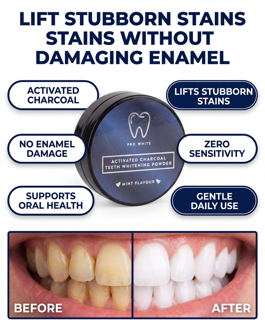 Open jar of black activated charcoal teeth whitening powder for natural daily oral care — view 5