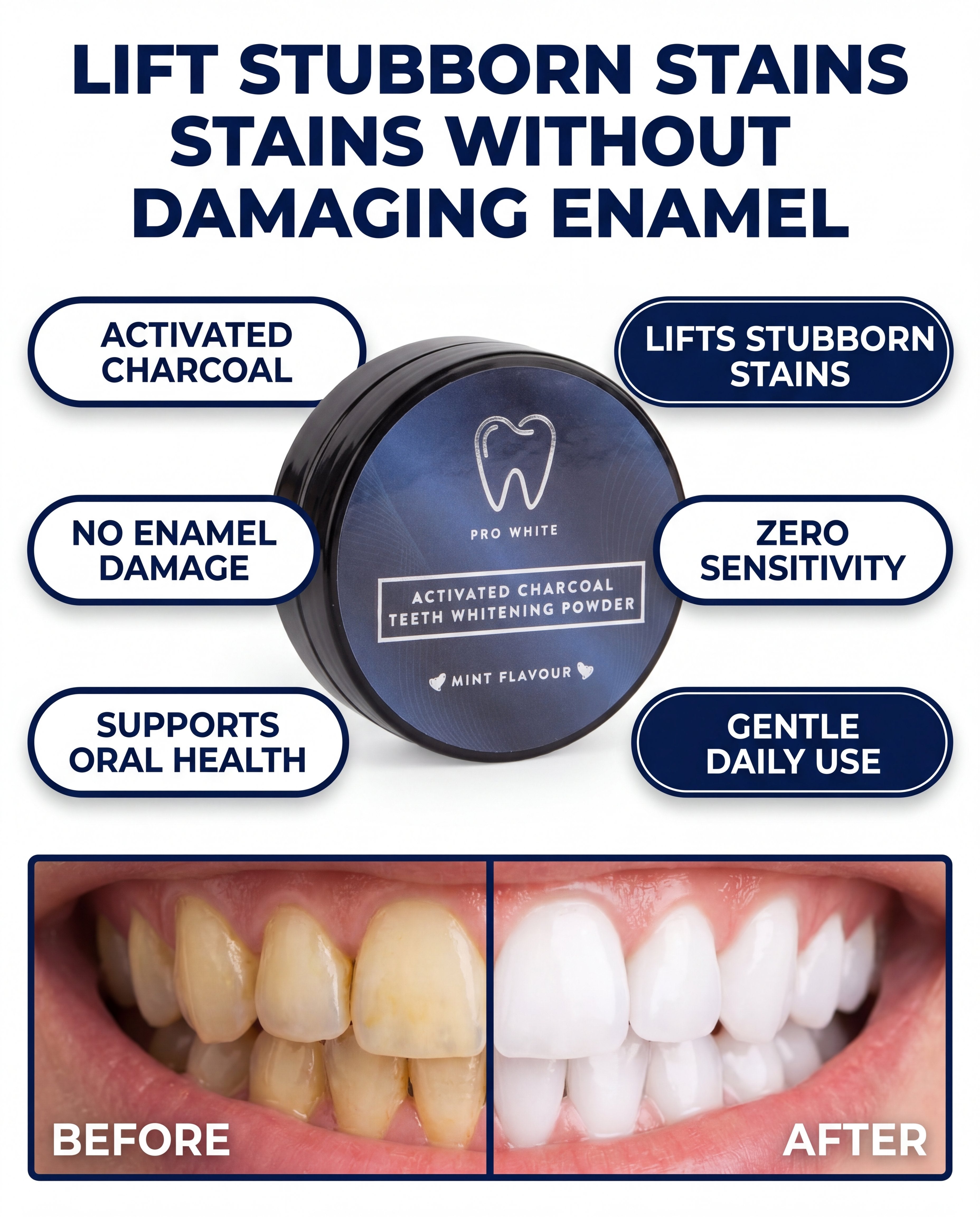 Open jar of black activated charcoal teeth whitening powder for natural daily oral care — view 5