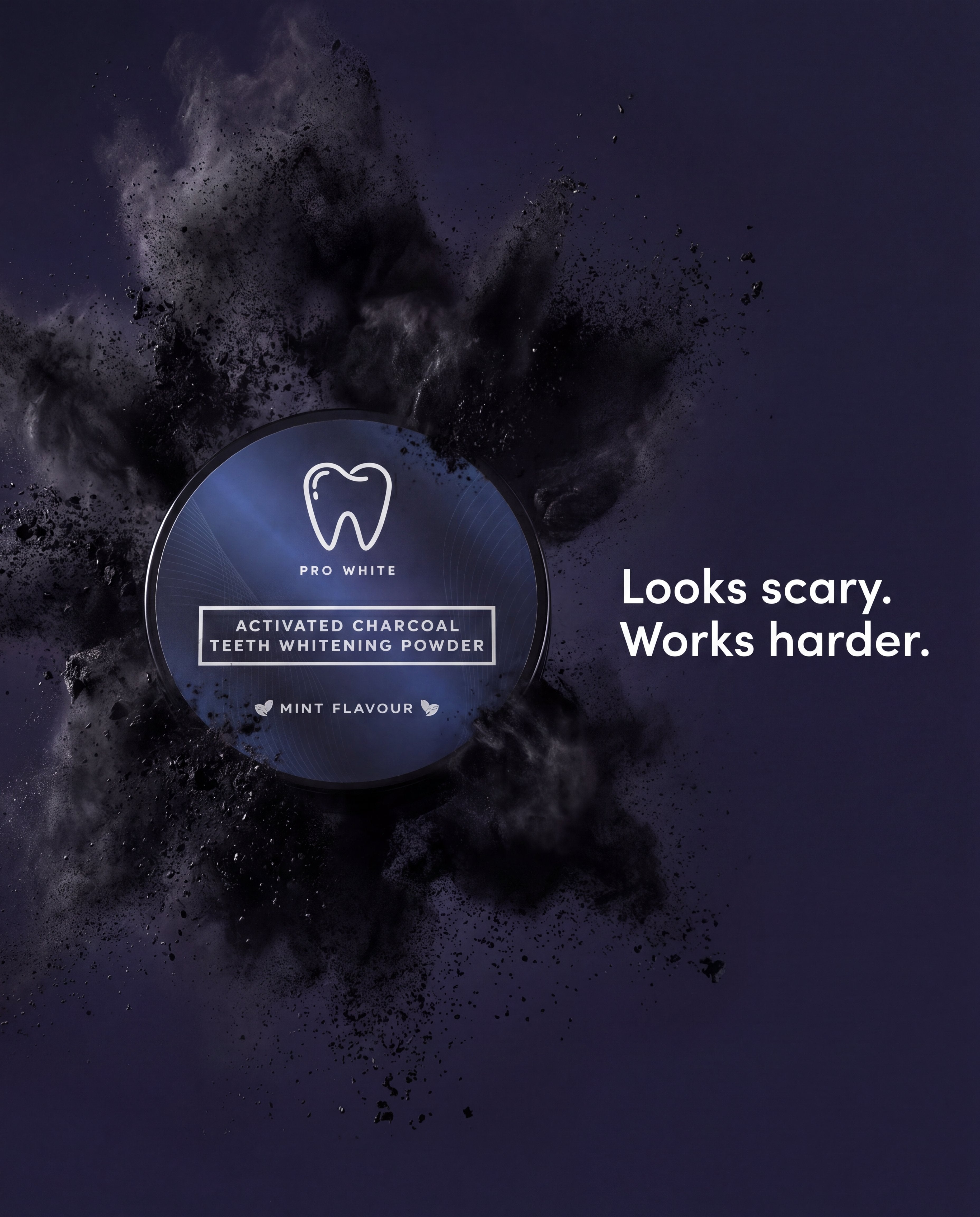 Open jar of black activated charcoal teeth whitening powder for natural daily oral care — view 4