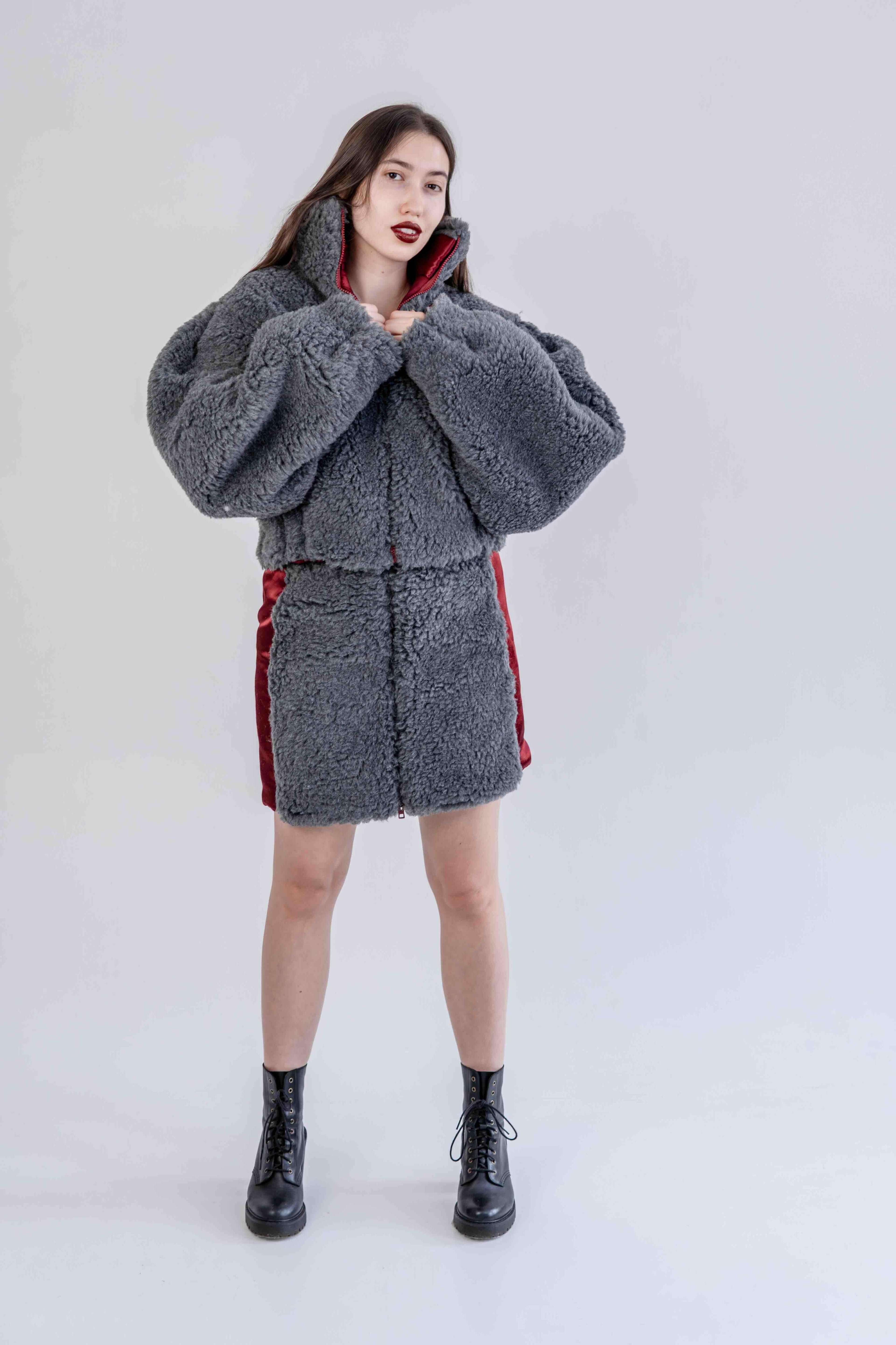 Dark grey woolen mini skirt for women with bold front zipper and structured fit — view 4