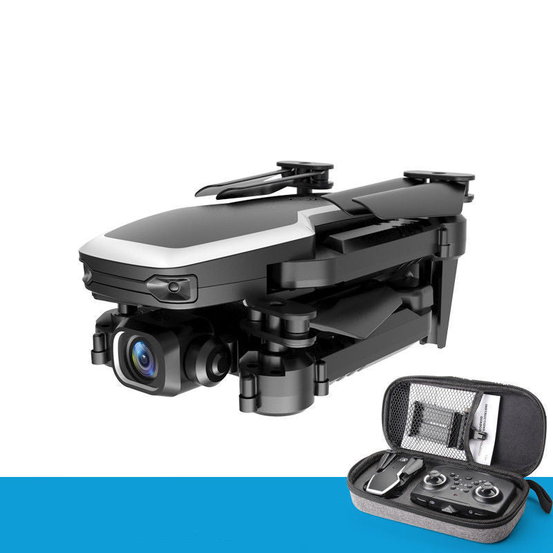 Professional 4K mini drone with dual cameras and remote control next to travel storage bag — view 3