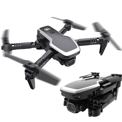 Professional 4K mini drone with dual cameras and remote control next to travel storage bag — view 4