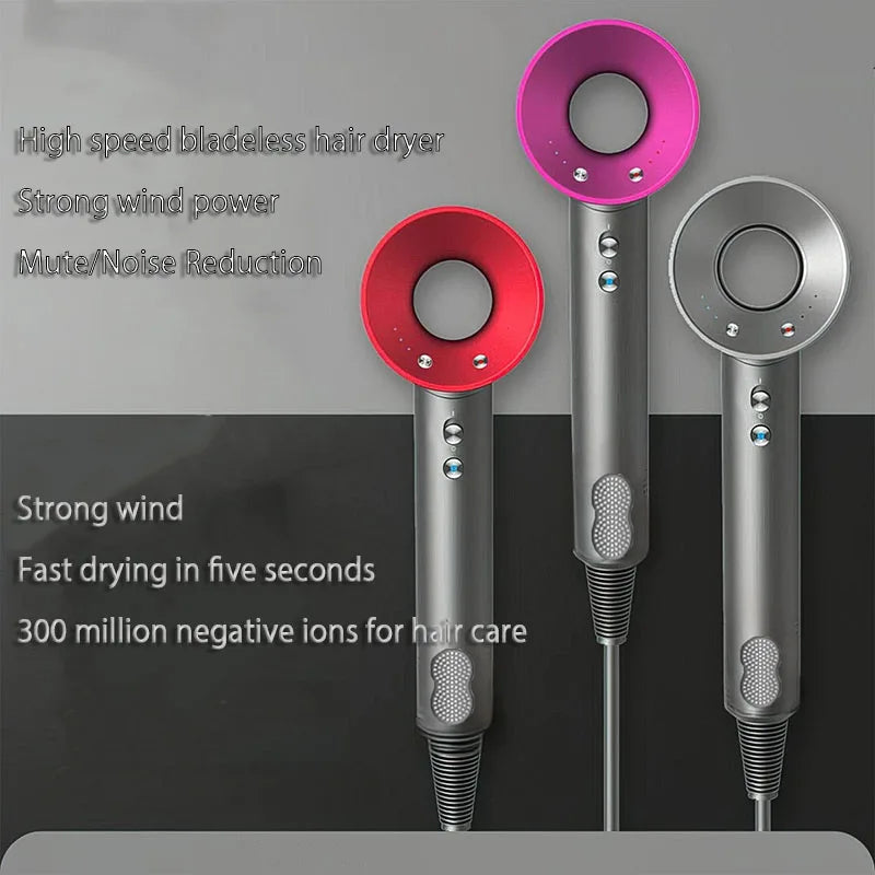 Professional ionic hair dryer with bladeless design, foldable handle, and versatile styling nozzles.