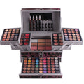 Professional 3-layer makeup palette cosmetic box featuring colorful eyeshadows, lipsticks, and blushes