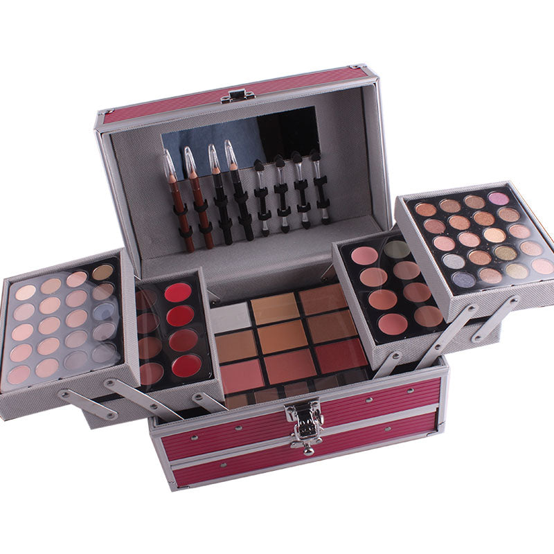 Professional 3-layer makeup palette cosmetic box featuring colorful eyeshadows, lipsticks, and blushes — view 2