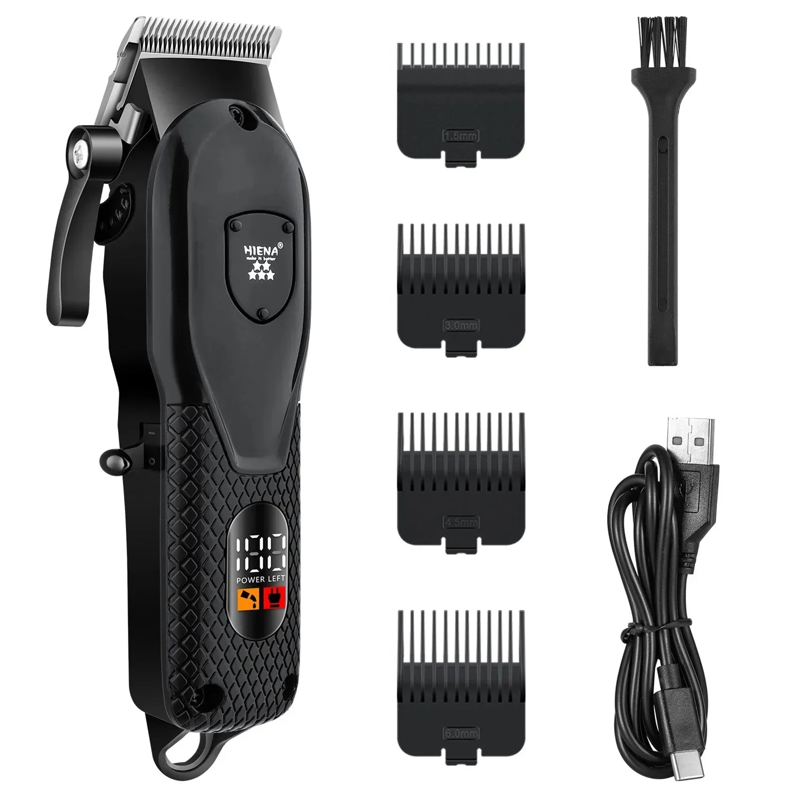 Black cordless hair clipper grooming kit with titanium blades, ear hair trimmer, and styling accessories.