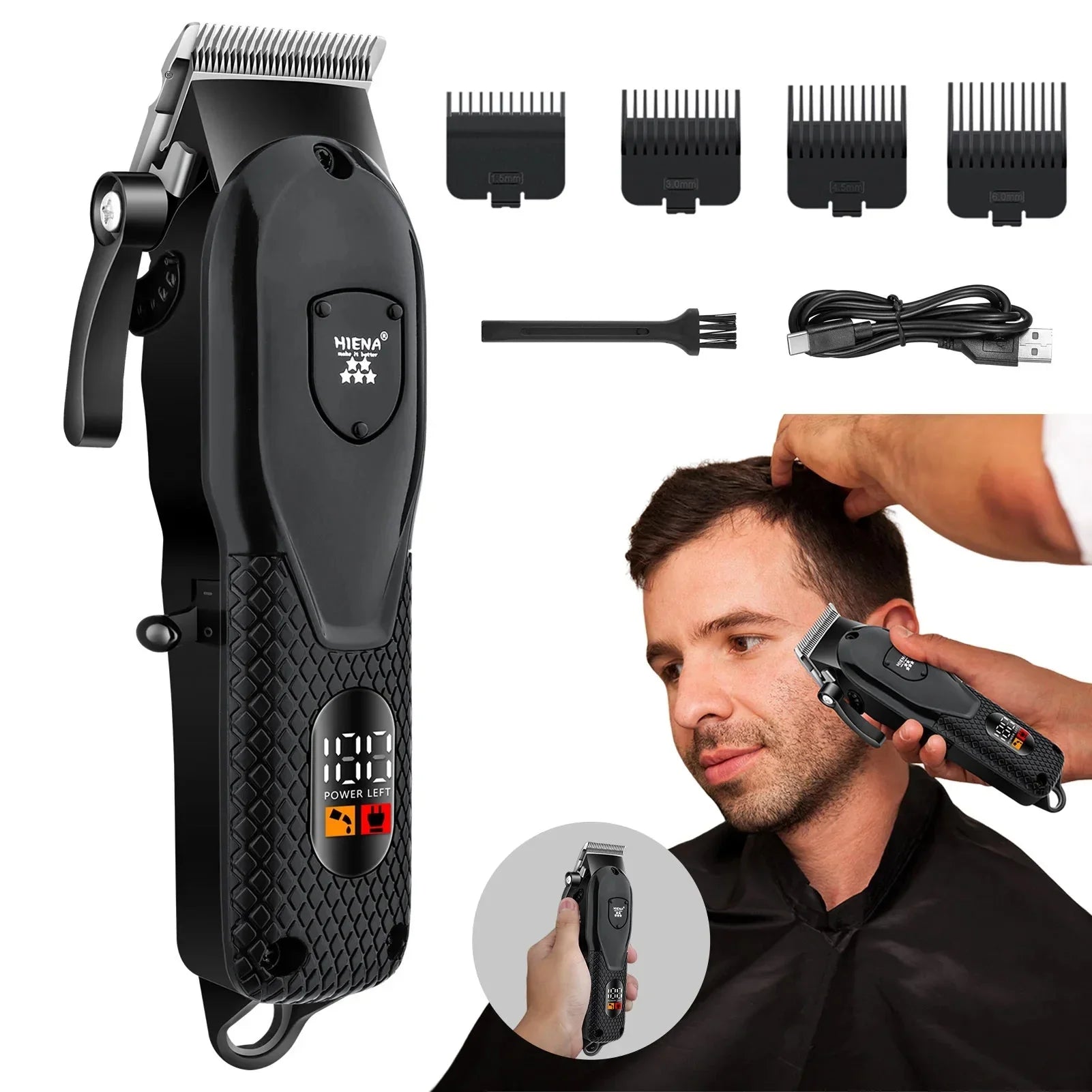Black cordless hair clipper grooming kit with titanium blades, ear hair trimmer, and styling accessories. — view 2