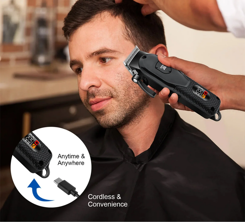 Black cordless hair clipper grooming kit with titanium blades, ear hair trimmer, and styling accessories. — view 3