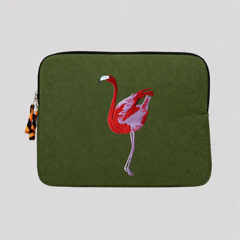Flamingo laptop sleeve in warm earthy cotton canvas featuring detailed wildlife embroidery for 13-inch laptops — view 4