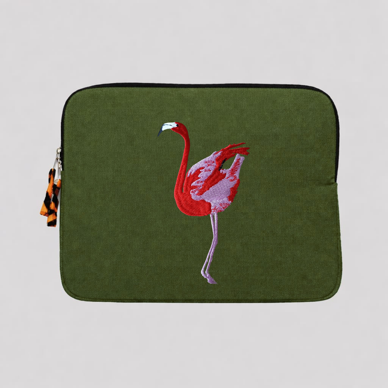Flamingo laptop sleeve in warm earthy cotton canvas featuring detailed wildlife embroidery for 13-inch laptops — view 4