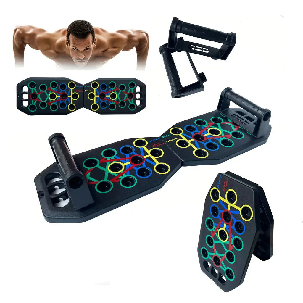Multi-function push up board and bar with adjustable black rubber handles on a flat surface — view 3