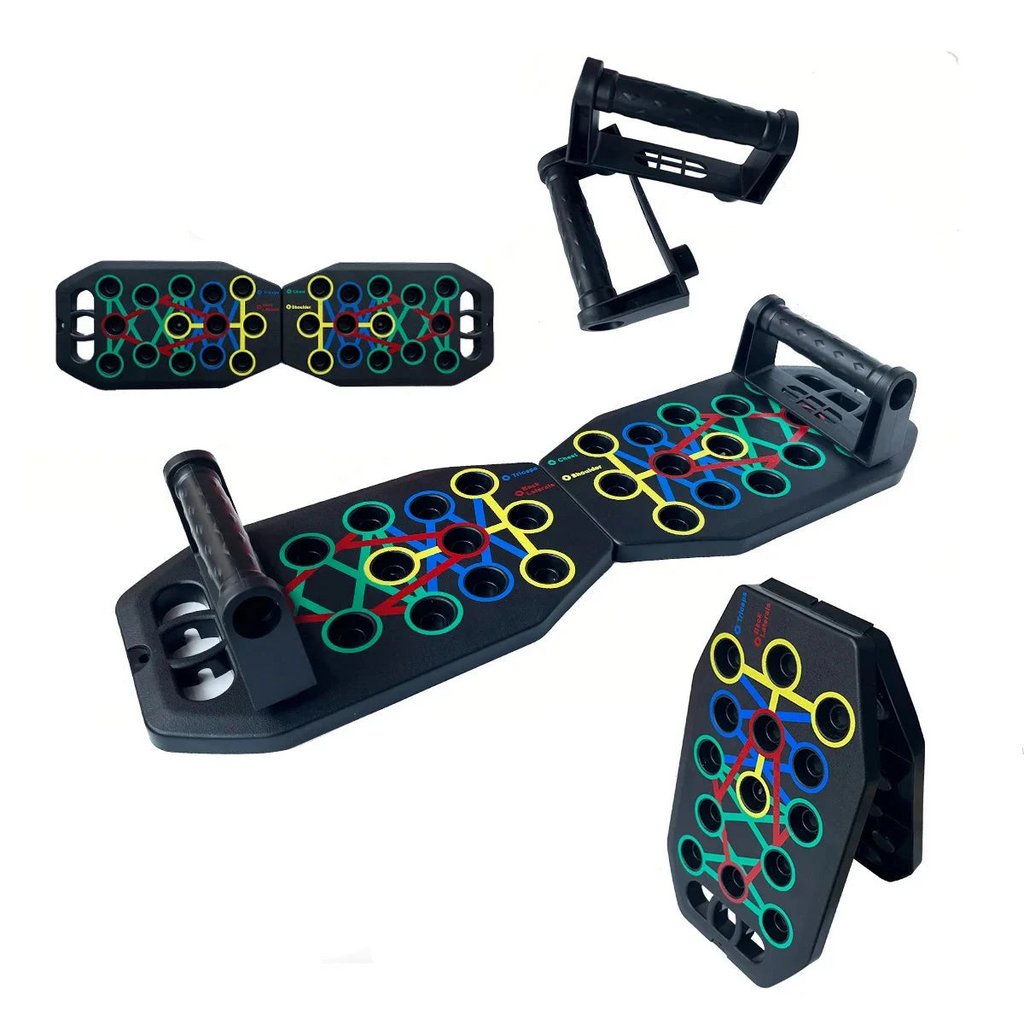 Multi-function push up board and bar with adjustable black rubber handles on a flat surface
