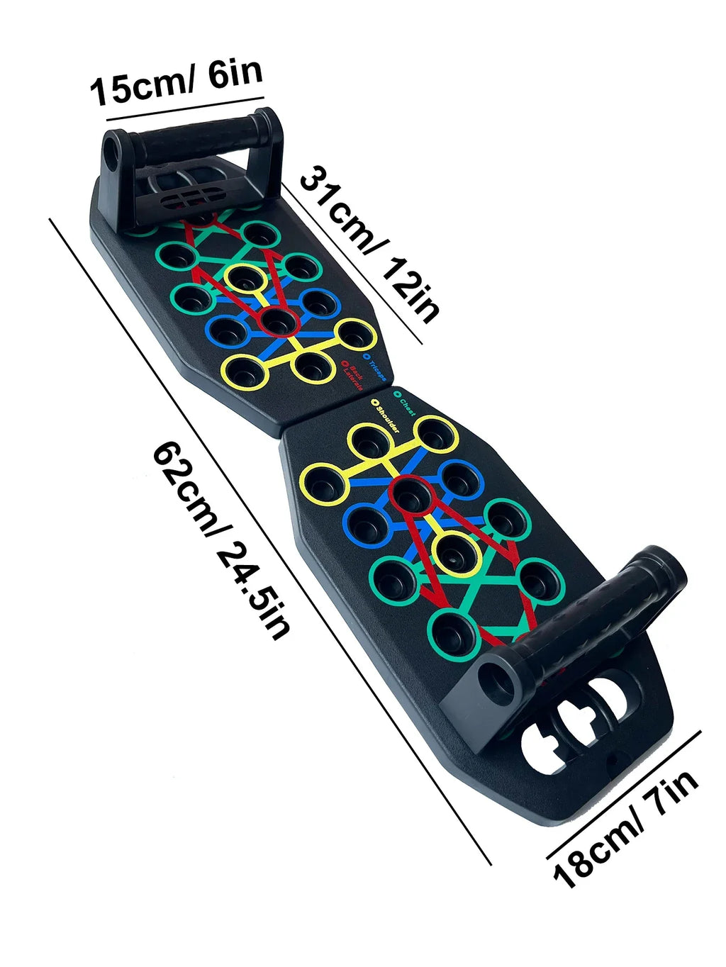 Multi-function push up board and bar with adjustable black rubber handles on a flat surface — view 2