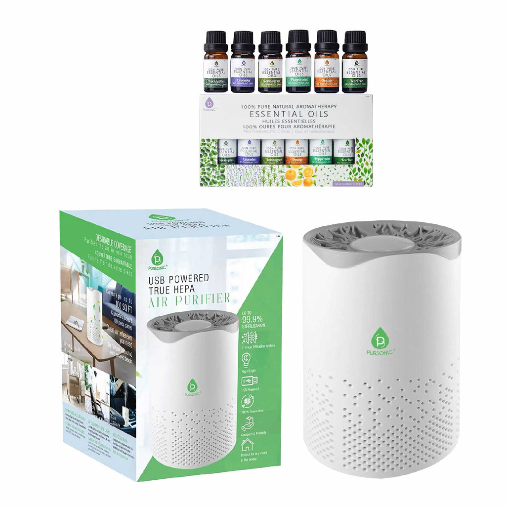 Pursonic air purifier with true HEPA filter and six pack of premium natural essential oils