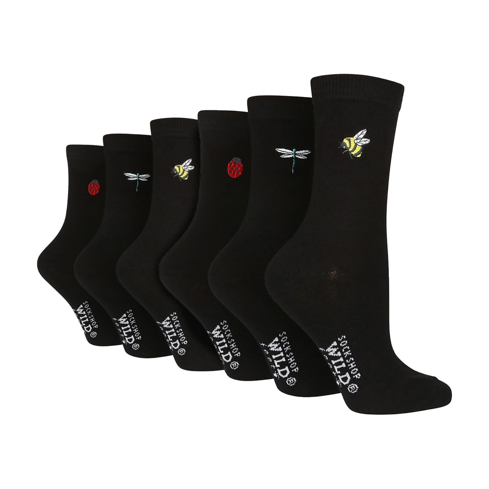 Six pair multipack of black ladies cotton crew socks with quirky embroidered novelty designs