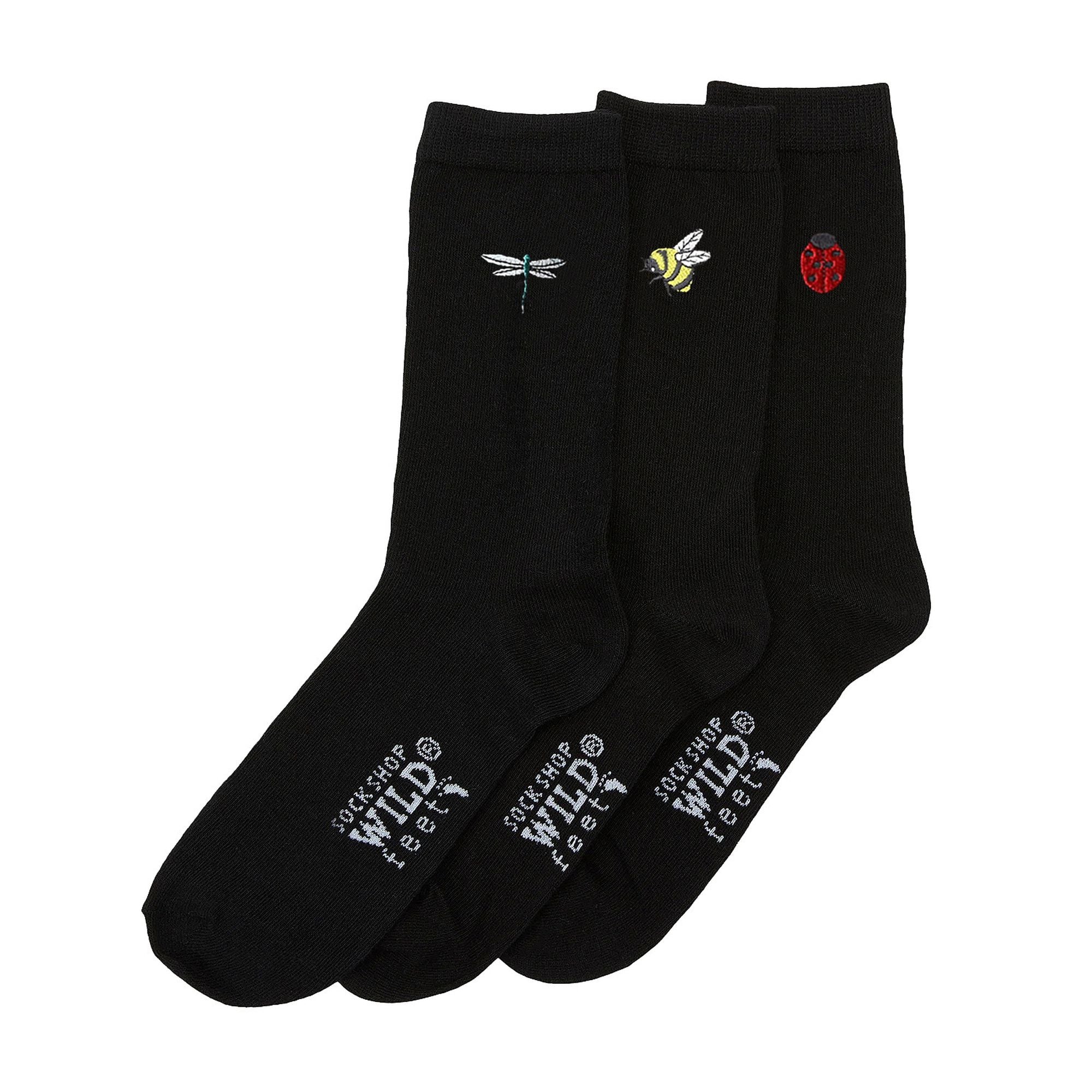 Six pair multipack of black ladies cotton crew socks with quirky embroidered novelty designs — view 3