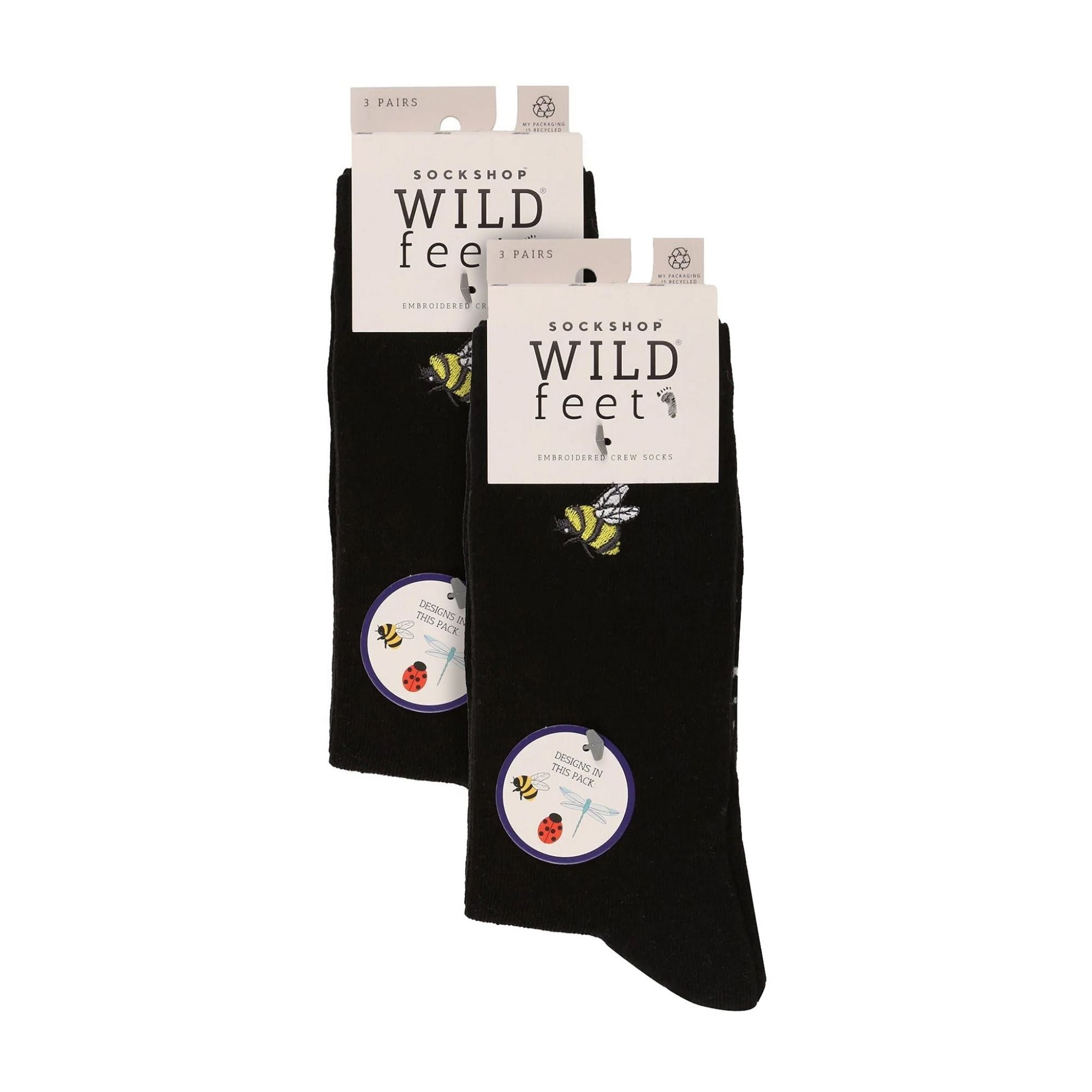 Six pair multipack of black ladies cotton crew socks with quirky embroidered novelty designs — view 2