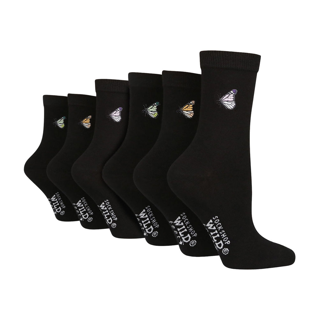 Six pair multipack of black ladies cotton crew socks with quirky embroidered novelty designs — view 4