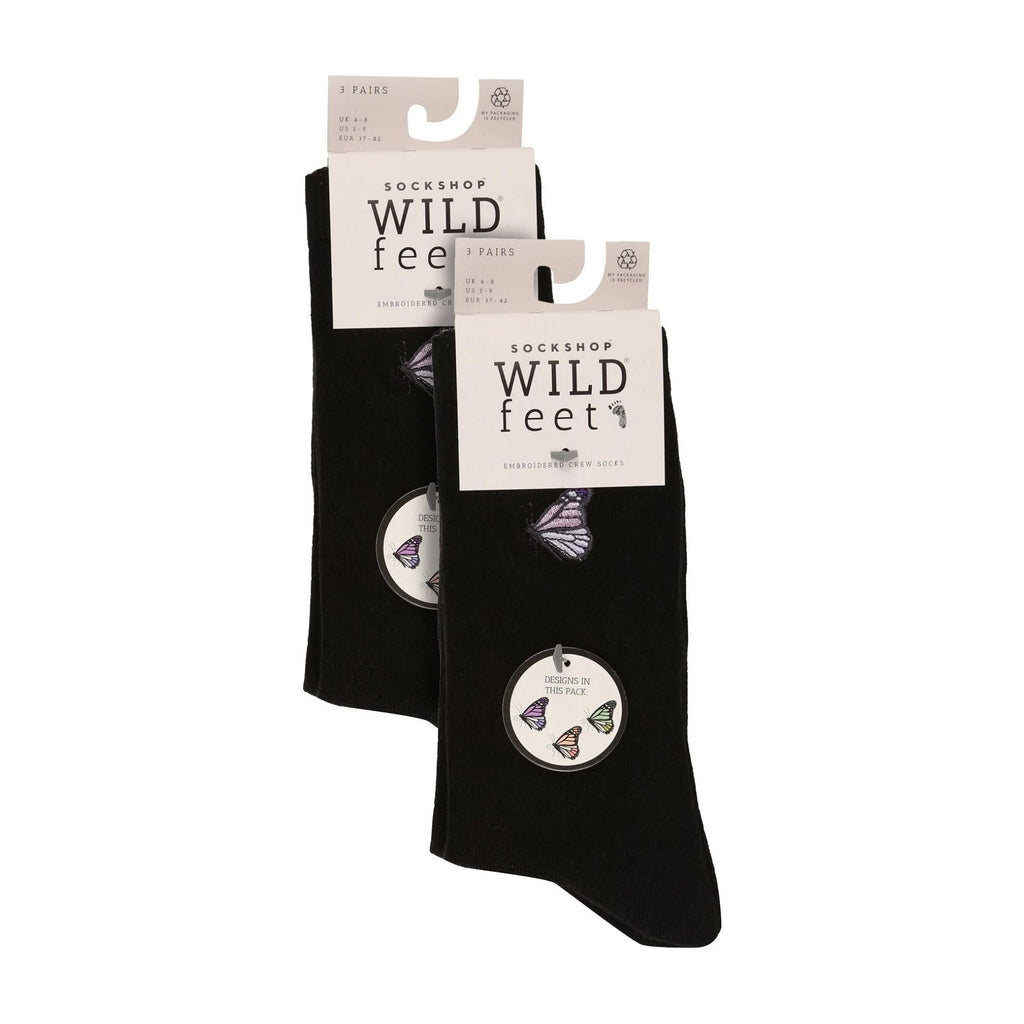 Six pair multipack of black ladies cotton crew socks with quirky embroidered novelty designs — view 5
