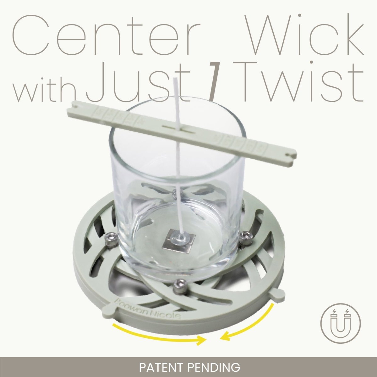 Pro magnetic candle wick centering tool securing a wick inside a glass jar vessel