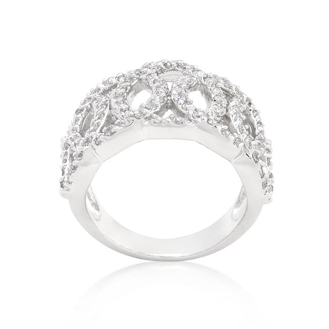 Cubic zirconia circular ring with intertwining rhodium plated bands and round cut stones — view 2