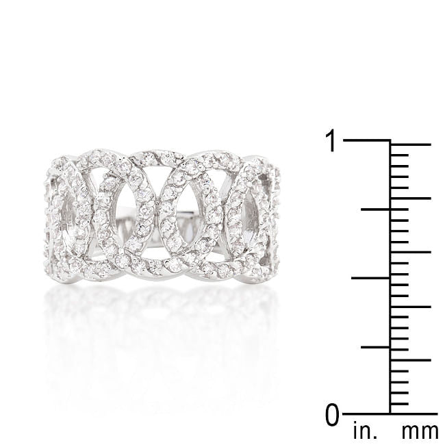 Cubic zirconia circular ring with intertwining rhodium plated bands and round cut stones — view 3