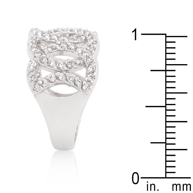 Cubic zirconia circular ring with intertwining rhodium plated bands and round cut stones — view 4