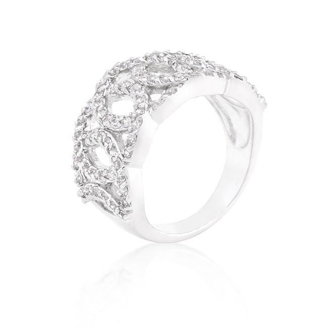 Cubic zirconia circular ring with intertwining rhodium plated bands and round cut stones