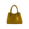 Mustard genuine leather handbag with gunmetal hardware, top handles, and a removable shoulder strap