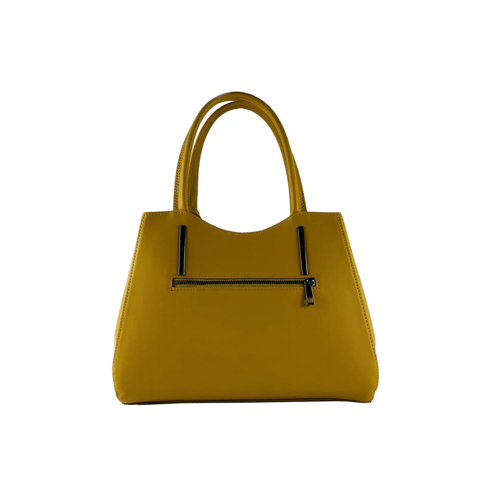 Mustard genuine leather handbag with gunmetal hardware, top handles, and a removable shoulder strap — view 2
