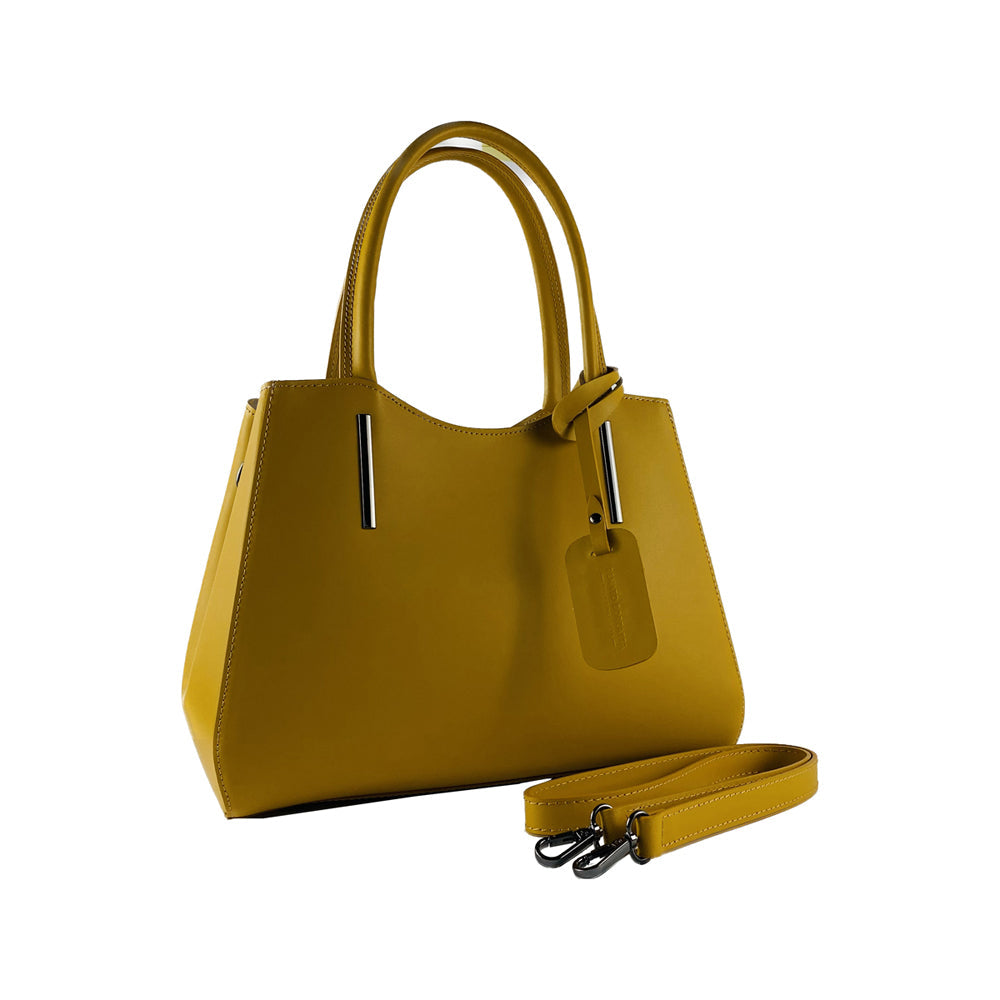 Mustard genuine leather handbag with gunmetal hardware, top handles, and a removable shoulder strap — view 3