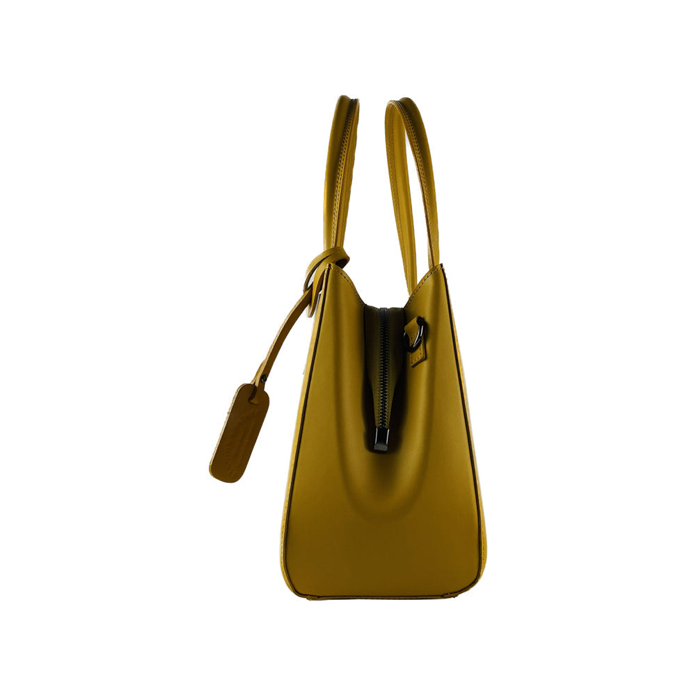 Mustard genuine leather handbag with gunmetal hardware, top handles, and a removable shoulder strap — view 4