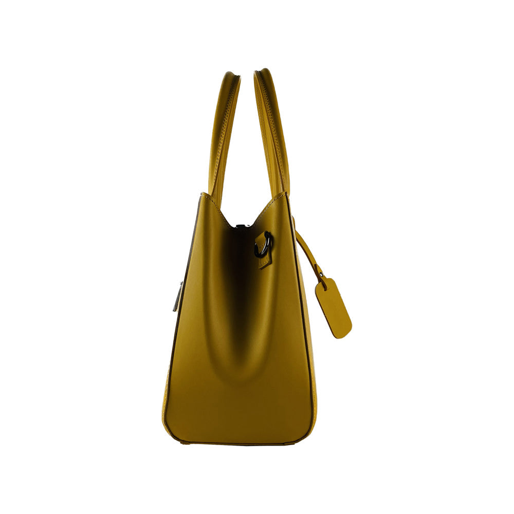 Mustard genuine leather handbag with gunmetal hardware, top handles, and a removable shoulder strap — view 5