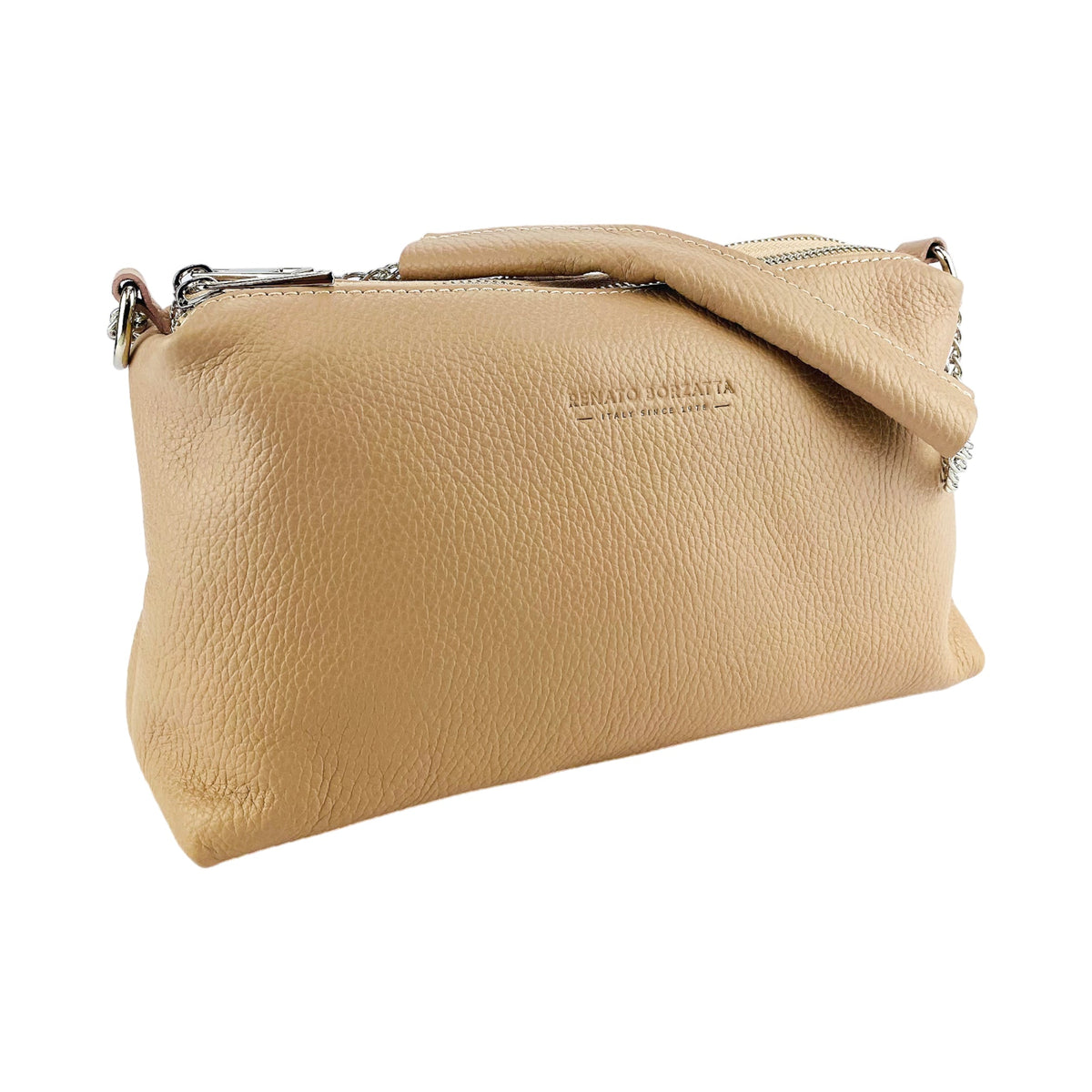 RB1025AU | Women's Hand Bag with double zipper in Genuine Leather Made in Italy. Adjustable leather shoulder strap. Shiny Nickel hardware - Powder color - Dimensions: 26 x 14 x 9 cm.-1