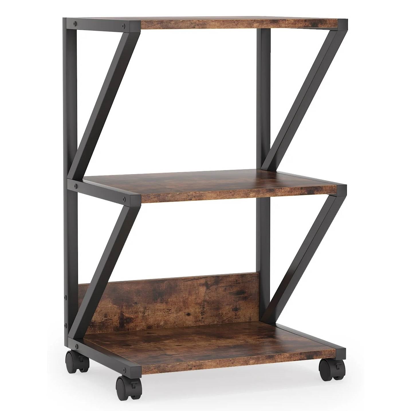 Modern industrial 3-tier printer stand, rustic wood shelves with black metal frame and rolling wheels — view 2
