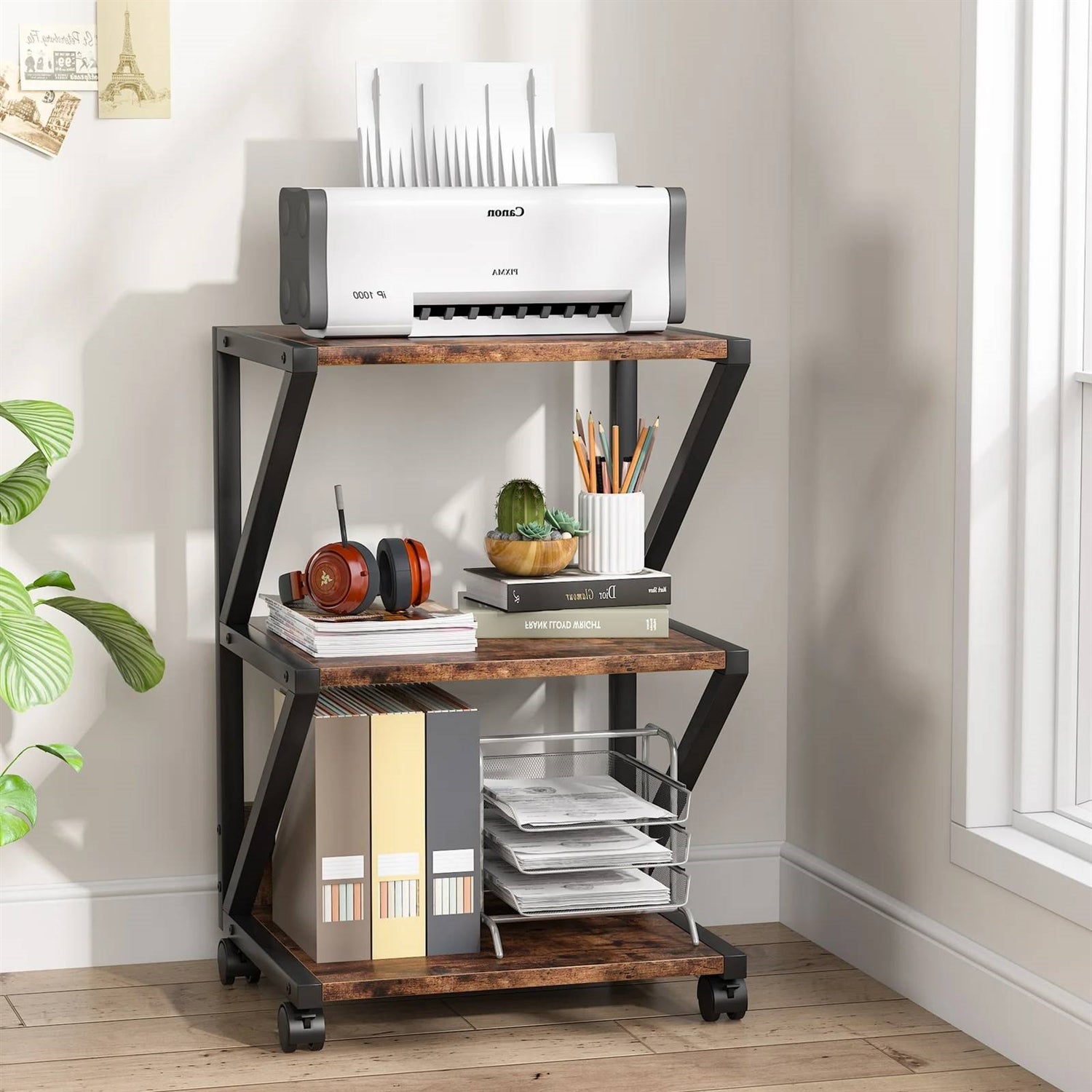 Modern industrial 3-tier printer stand, rustic wood shelves with black metal frame and rolling wheels — view 3