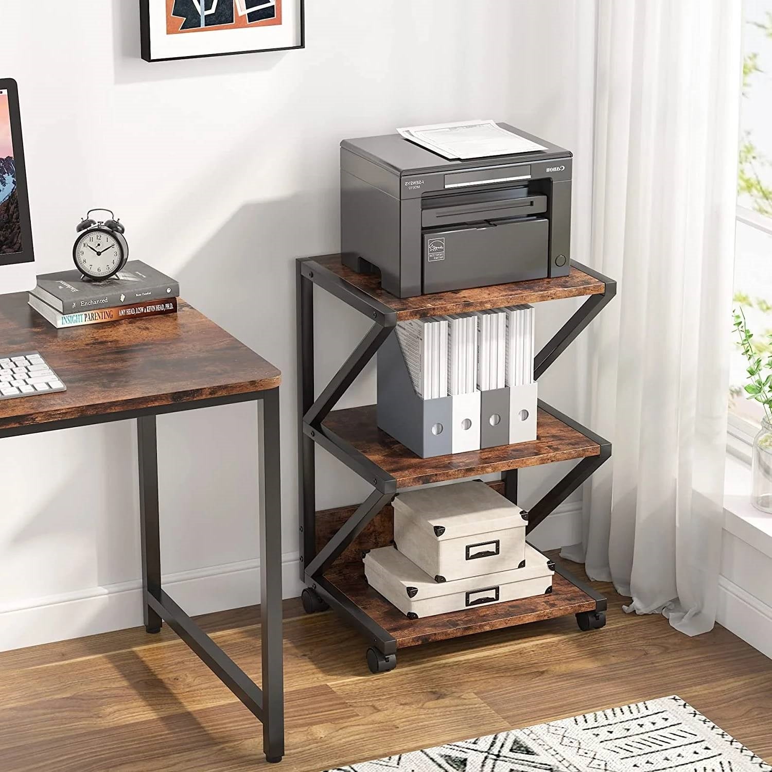Modern industrial 3-tier printer stand, rustic wood shelves with black metal frame and rolling wheels — view 4
