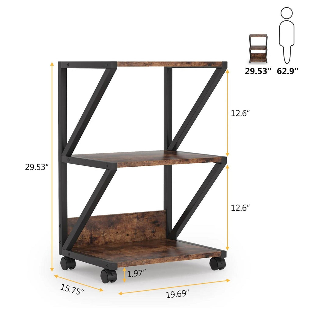 Modern industrial 3-tier printer stand, rustic wood shelves with black metal frame and rolling wheels — view 5