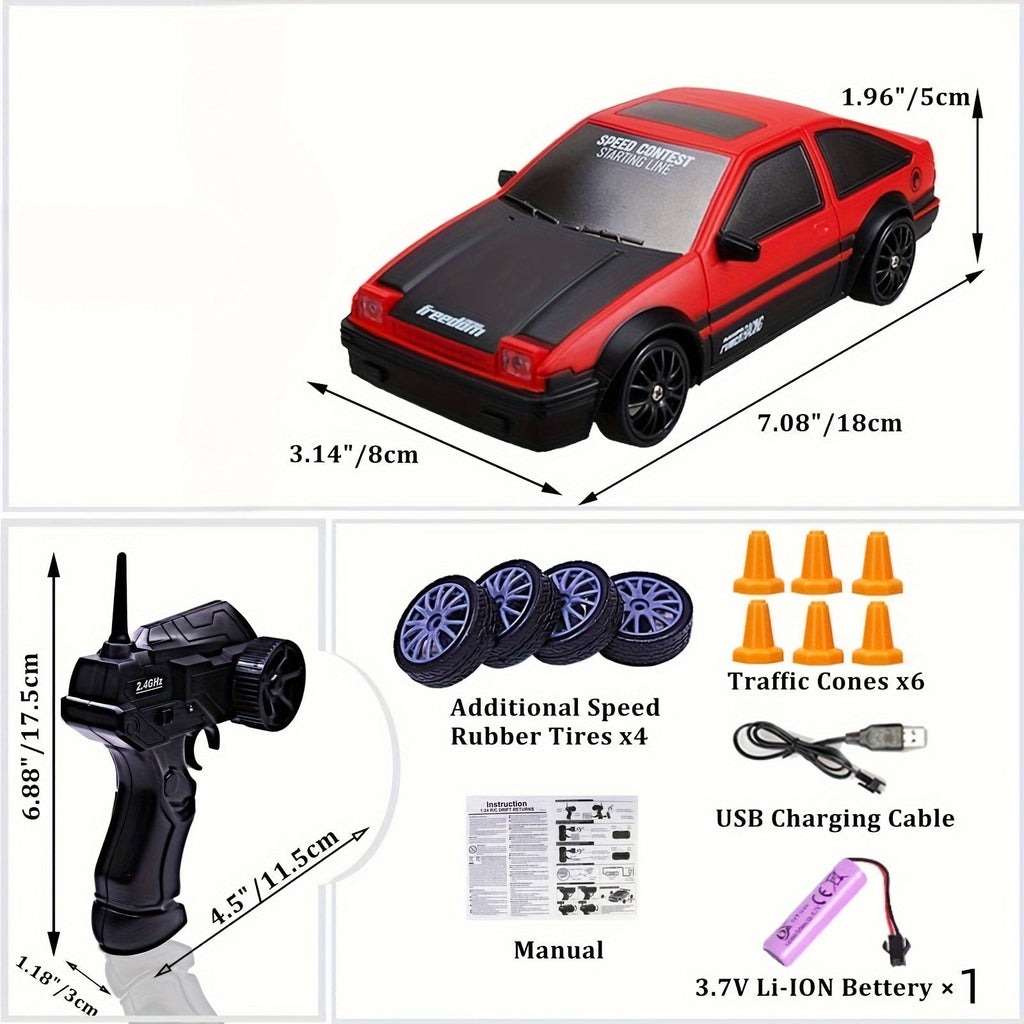 1:24 scale high-speed 4WD remote control car with drift tires and bright LED lights
