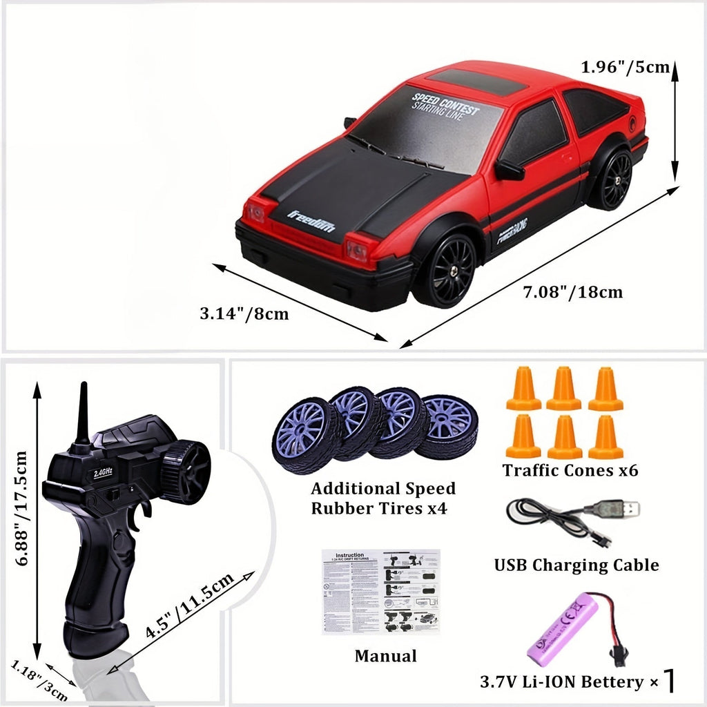 1:24 scale high-speed 4WD remote control car with drift tires and bright LED lights — view 2