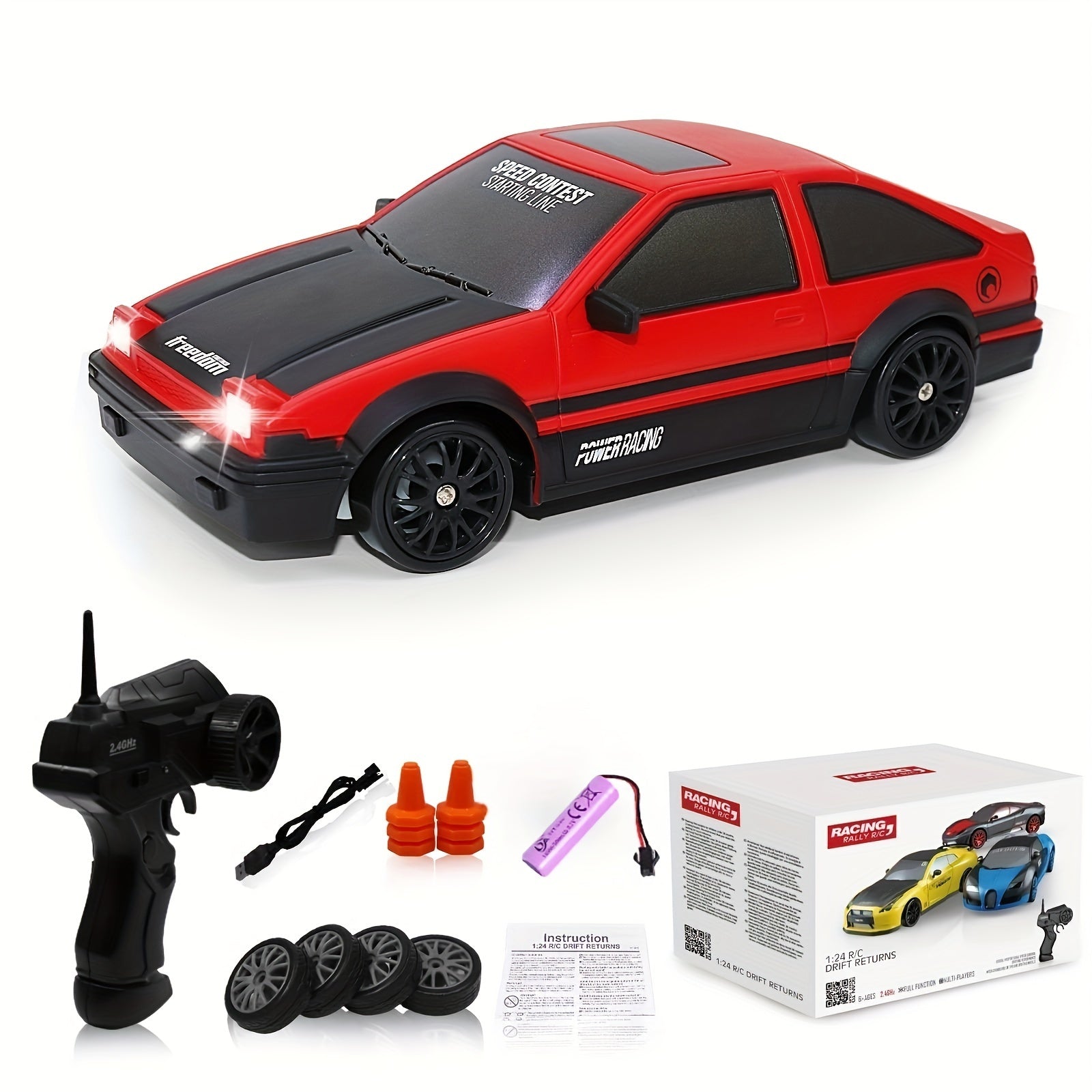 1:24 scale high-speed 4WD remote control car with drift tires and bright LED lights — view 4