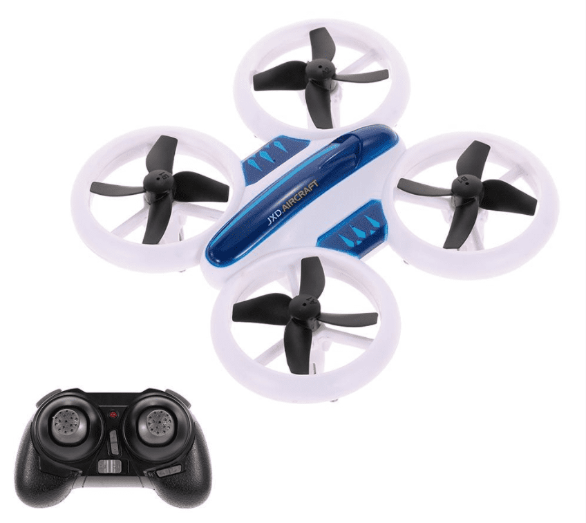 Remote control quadcopter drone with protective guards and bright LED lights ready for flight — view 2