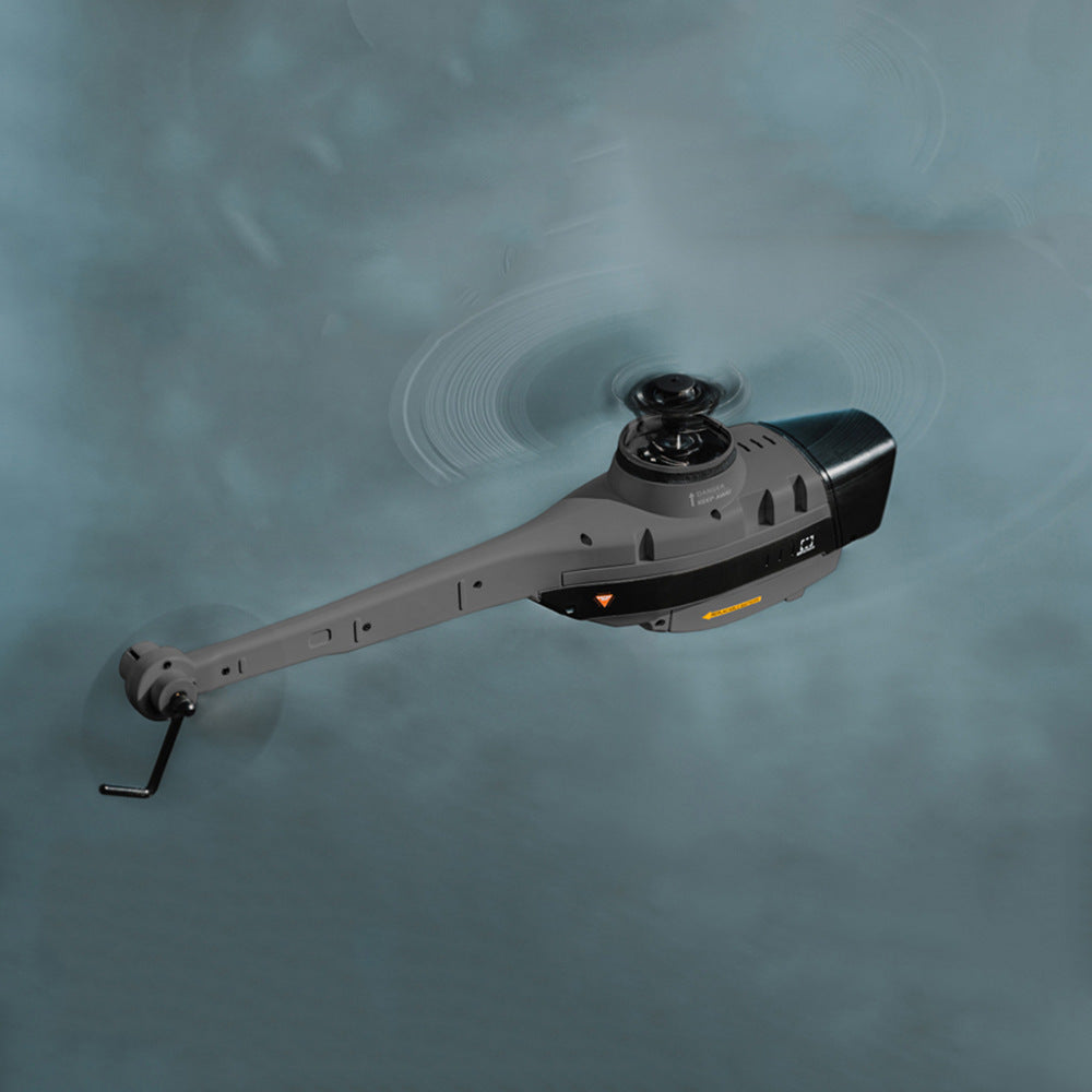 Mini RC helicopter with camera in grey plastic, featuring four propellers and flybarless design. — view 2