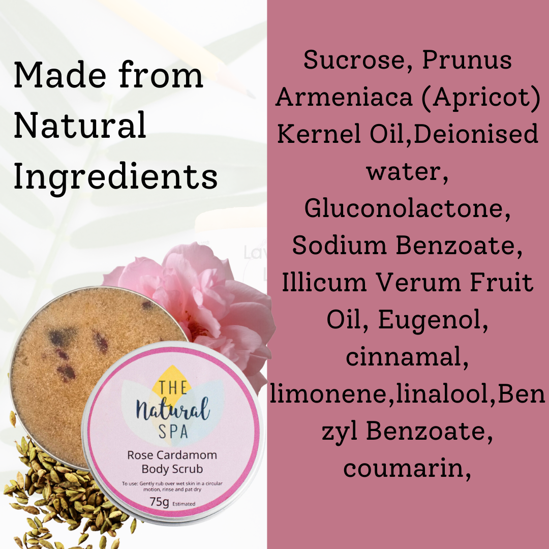 Rose and Cardamom natural body scrub in a 200g eco-friendly tin container — view 3