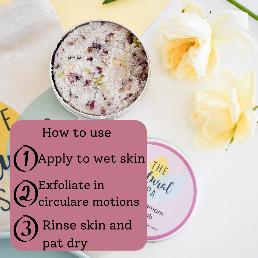 Rose and Cardamom natural body scrub in a 200g eco-friendly tin container — view 4