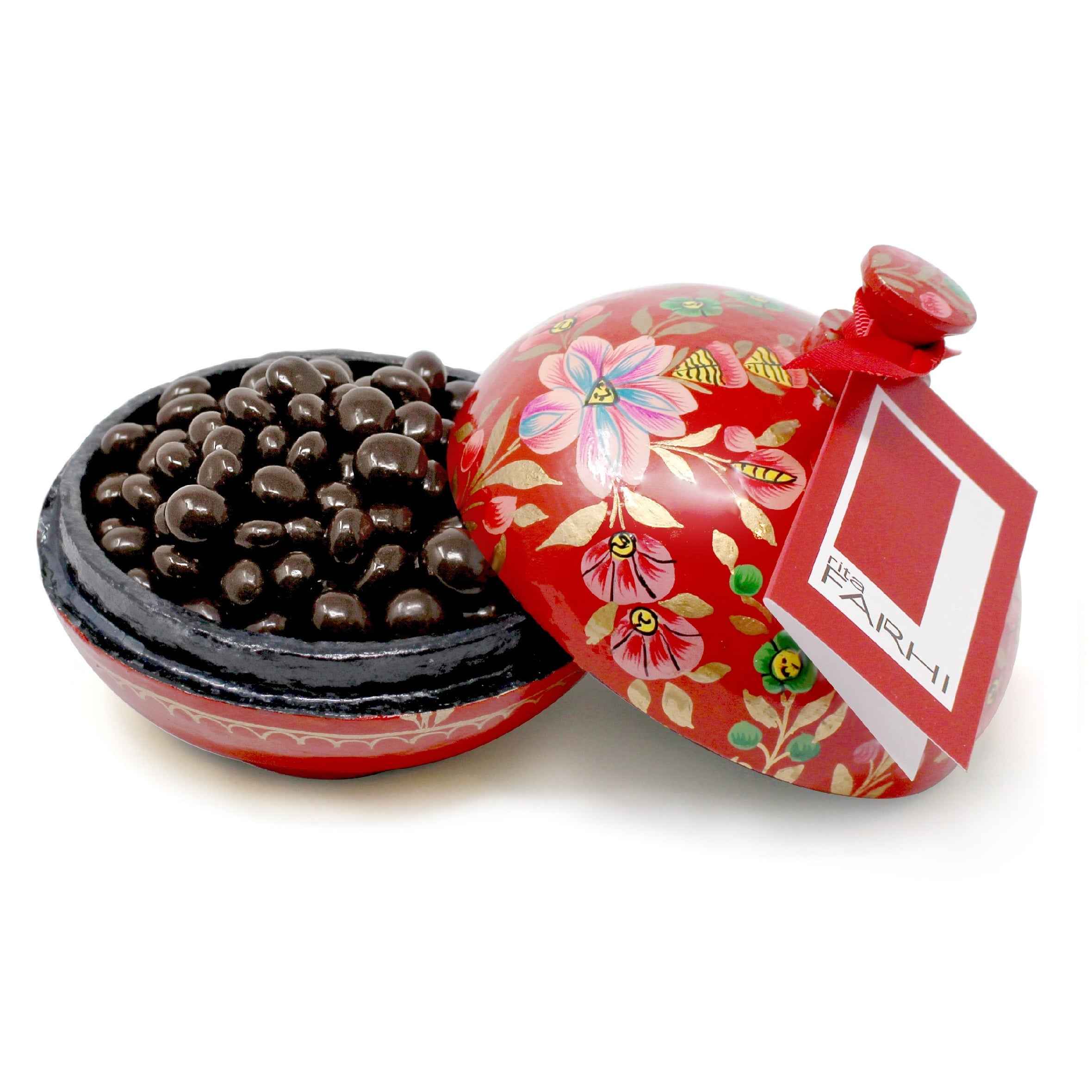 Hand-painted papier mâché bonbonnière filled with dark chocolate coated roasted coffee beans