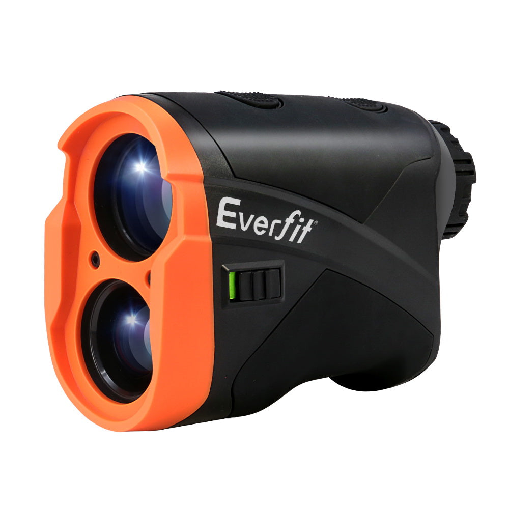 Orange and black golf laser rangefinder with digital lens and carry bag