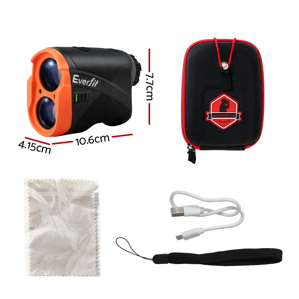 Orange and black golf laser rangefinder with digital lens and carry bag — view 2