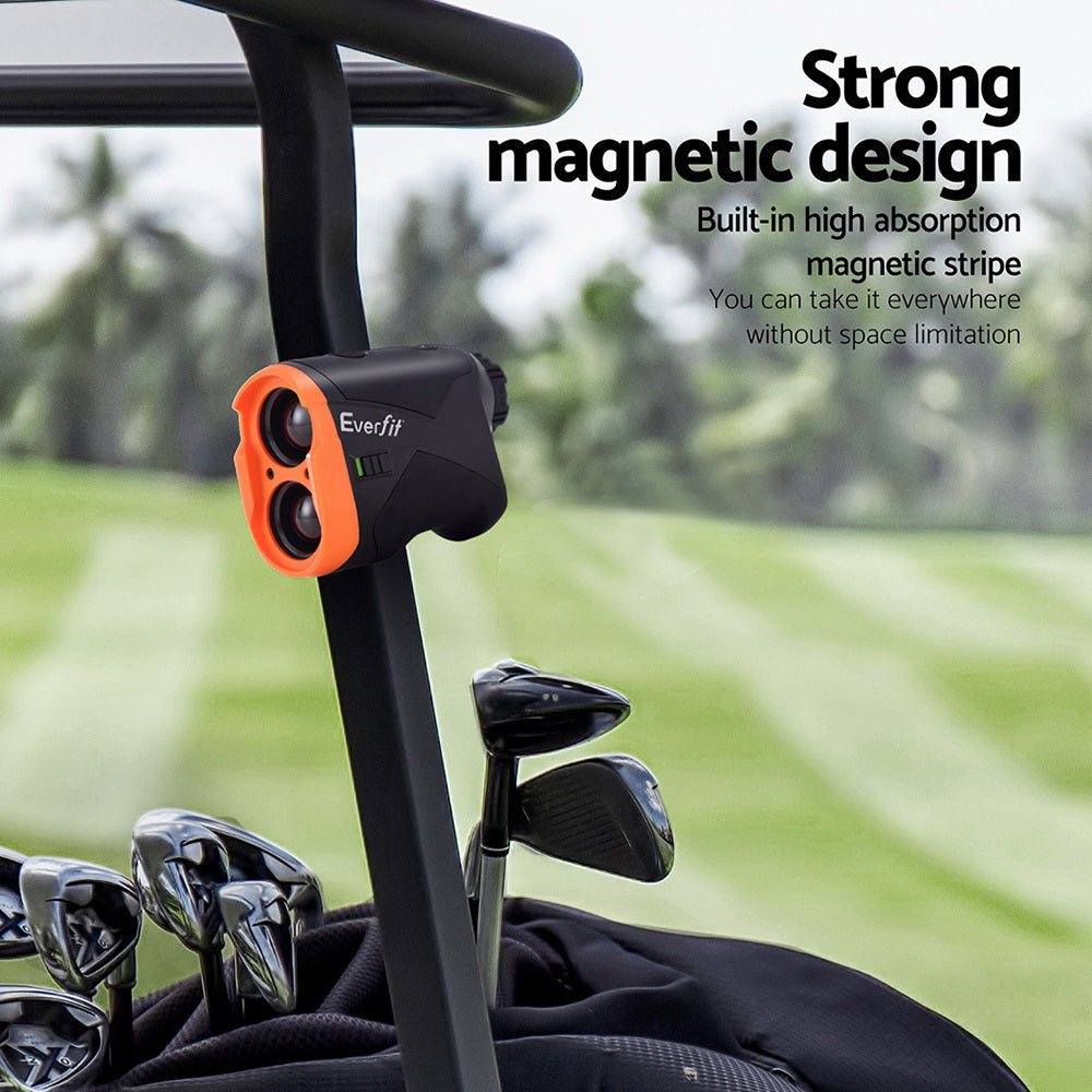 Orange and black golf laser rangefinder with digital lens and carry bag — view 5