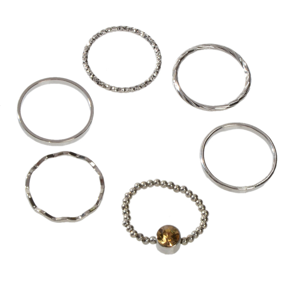Six piece stackable silver tone rhinestone ring set in assorted sizes for women — view 5
